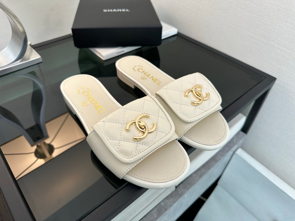 Chanel Quilted Denim CC Slides