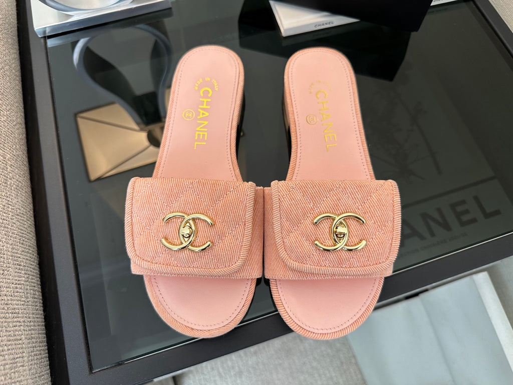 Chanel Quilted Denim CC Slides