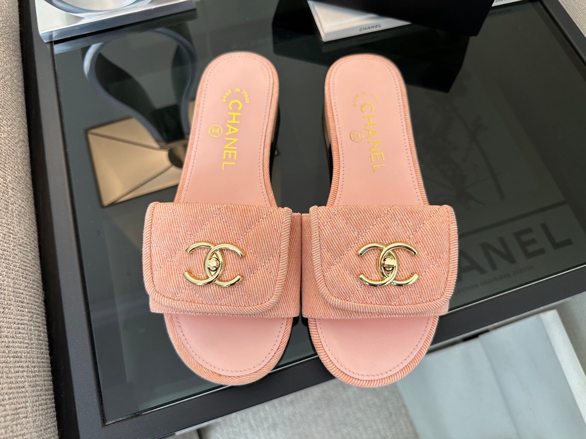 Chanel Quilted Denim CC Slides