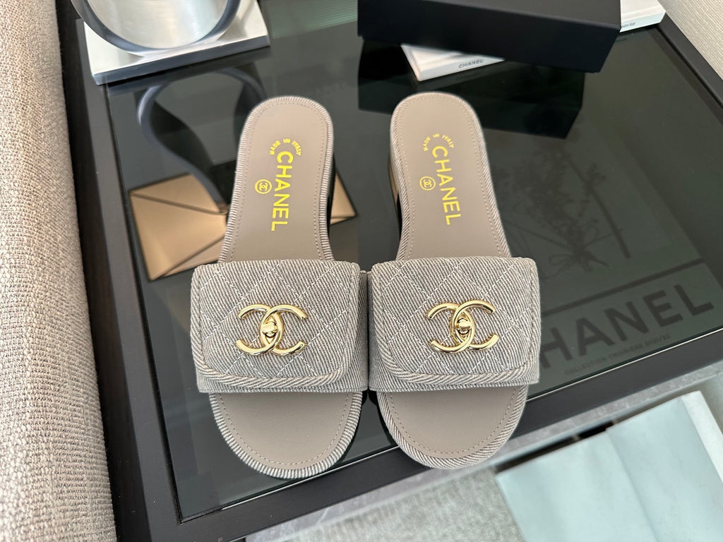 Chanel Quilted Denim CC Slides