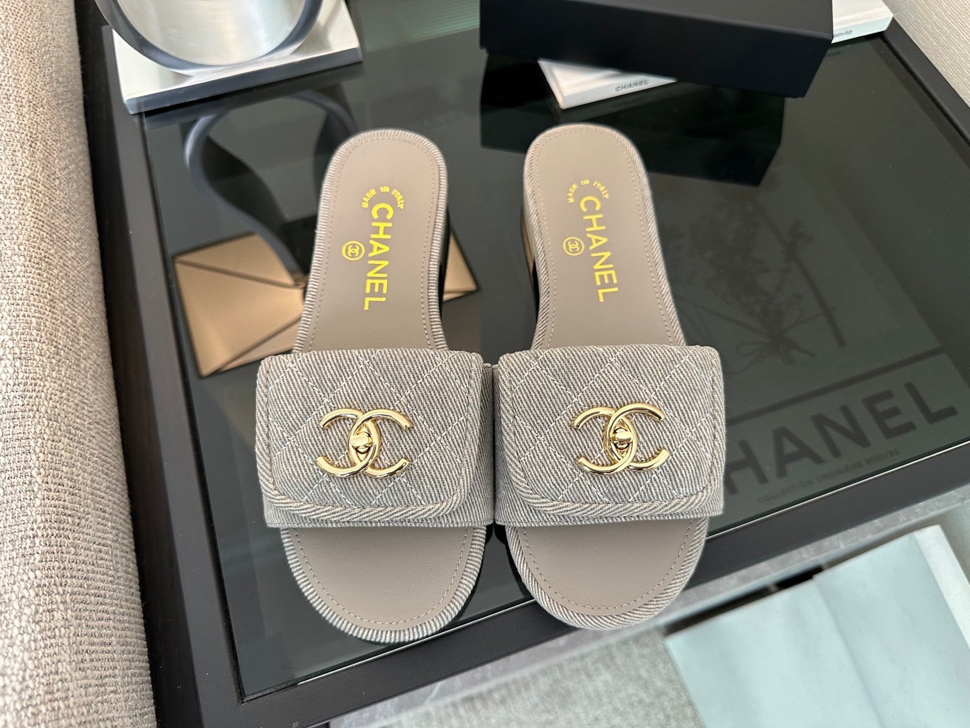 Chanel Quilted Denim CC Slides