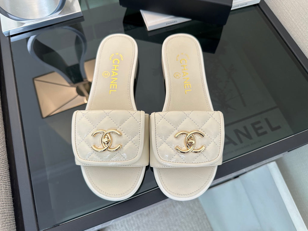 Chanel Quilted Denim CC Slides