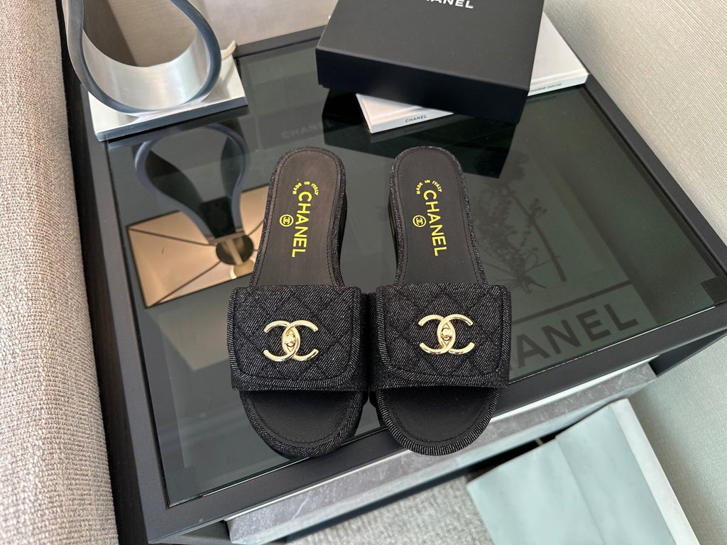 Chanel Quilted Denim CC Slides