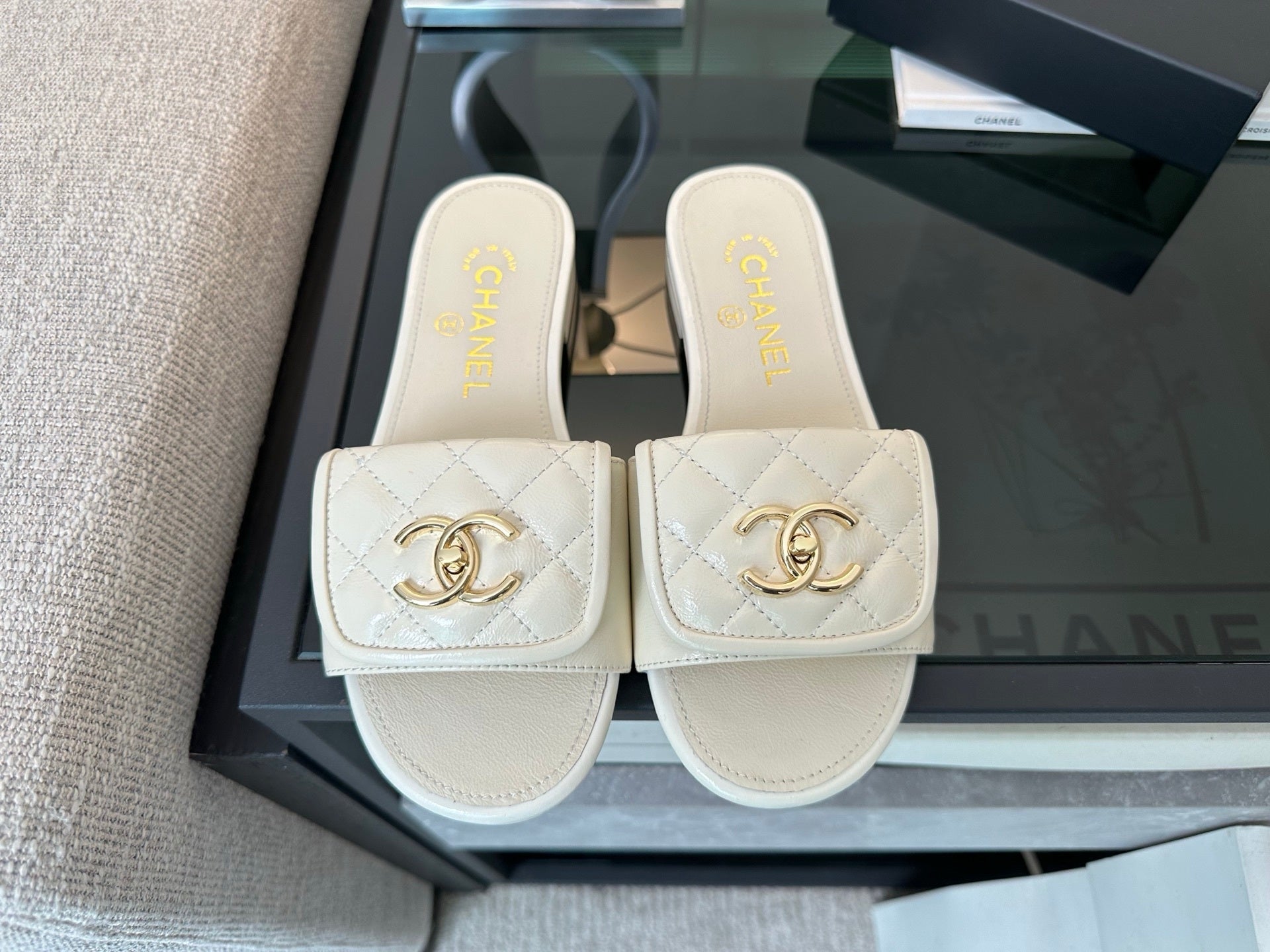 Chanel Quilted Denim CC Slides
