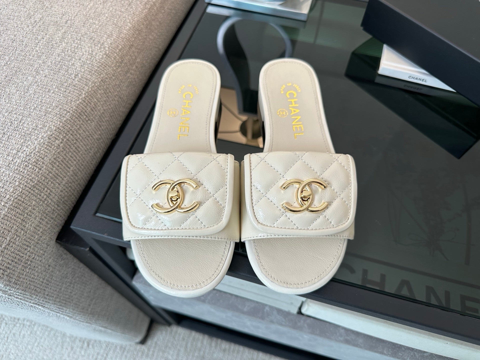 Chanel Quilted Denim CC Slides