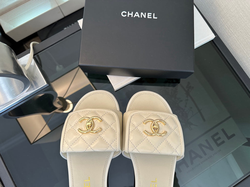 Chanel Quilted Denim CC Slides