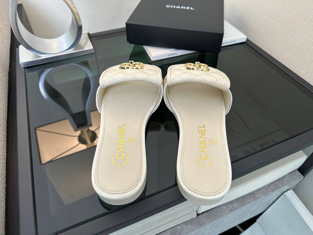 Chanel Quilted Denim CC Slides