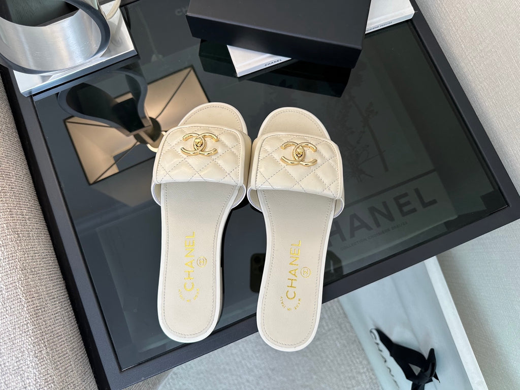 Chanel Quilted Denim CC Slides
